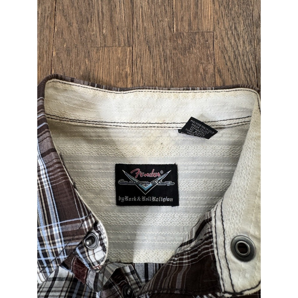 Fender Rock And Roll Religion Mens XXL Brown Plaid Snap Front Long Sleeve Shirt - Picture 4 of 7